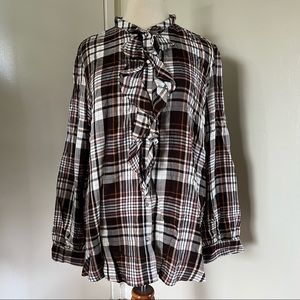 Chico’s Plaid Ruffle Button Down Shirt NWOT